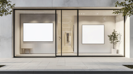 Modern storefront with large glass windows displaying blank white frames inside a minimalist gallery. The clean, open space highlights simplicity and contemporary design.