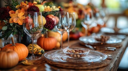 Naklejka premium A rustic table setting with autumnal decorations, perfect for a seasonal family gathering selective focus, autumnal, realistic, Overlay, farmhouse dining table backdrop