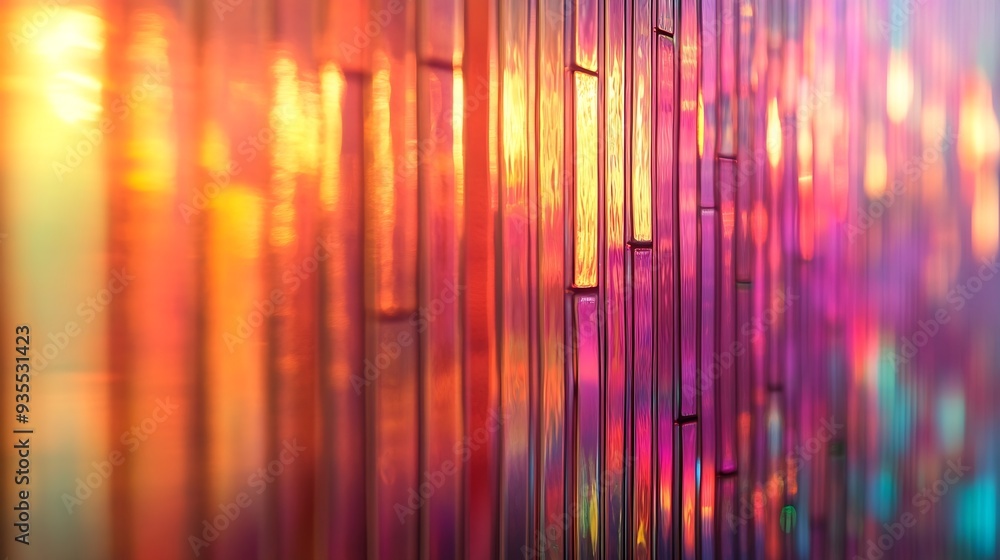 Poster Abstract creative image on patterned glass show vertical lines pattern repetition blurry background of wavy illuminated multicolored interior soft lightingglass surface used for artist : Generative AI