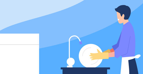 illustration of Dishwasher, person with wash