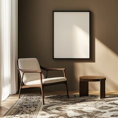 Empty Frame Mockup, Wall Art Template Blank Poster Print Artwork Product Placement, Mid-Century Home Interior