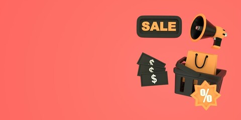 3D illustration of black friday sale with hand basket, bag, megaphone, money bills and discount sign on red background. Sale design in 3d style for website, banner, poster with copy space.

