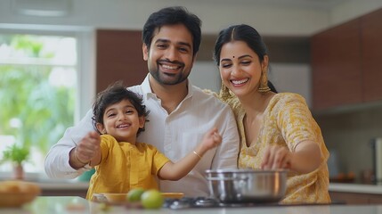Joyful Indian father mother and kid dancing together at kitchen while cooking during weekend holidays  concept of family bonding entertainment and lively family : Generative AI