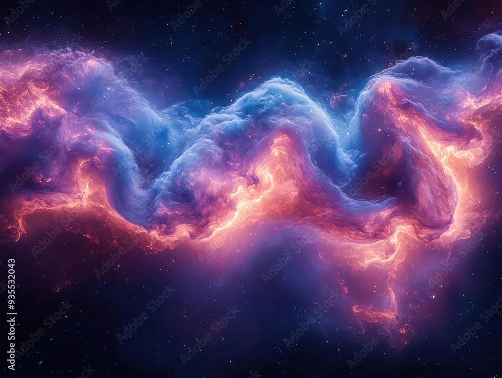 Wall mural ethereal cosmic landscape with swirling tendrils of blue mint and purple smoke distorted by glitch e