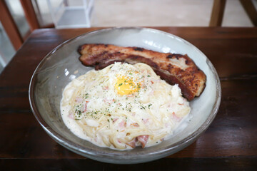 Pasta carbonara or Spaghetti with ham ,bacon and mushroom
