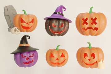 Set of Halloween pumpkins with different expressions for icons. 3D rendering of illustrations for design of cards, invitations, banners for attendees. Scary pumpkins with white on white background.
