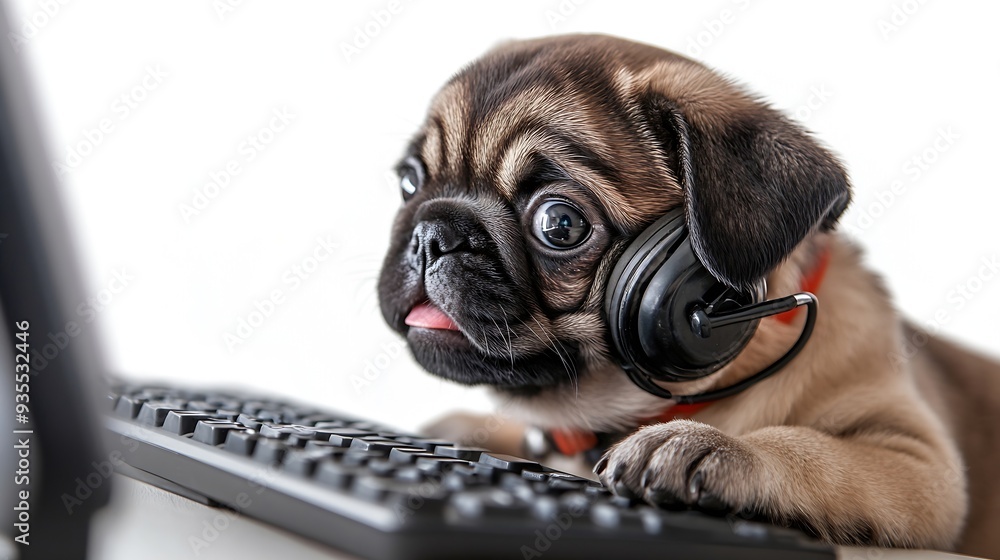 Poster pug puppy working in call center isolated on white background : generative ai