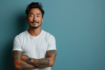 Confident tattooed man in white t-shirt against blue background