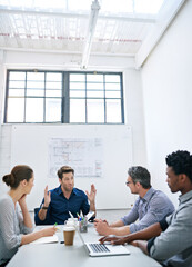 Architecture, idea and team in meeting for presentation, planning and project management at...