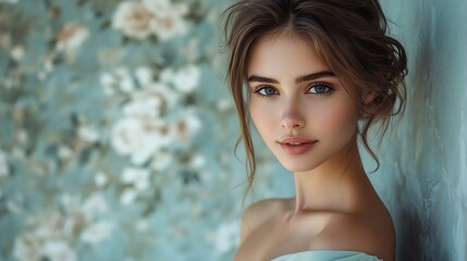 Obraz premium Beautiful girl in a dress on one shoulder Young fashionable woman with a lovely smile Stylish and slim model fashion and cosmetics : Generative AI