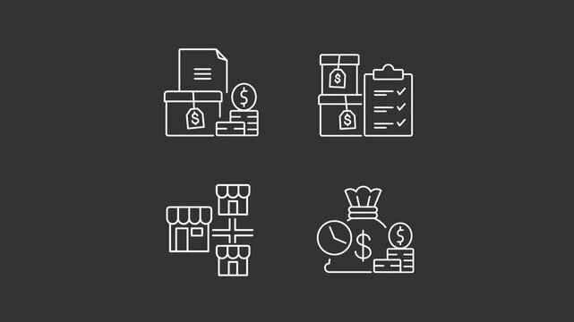 Animated chain business white icons. Money in business line animations. Accounts receivables. Packaged goods. Isolated illustrations on dark background. Transition alpha. HD video. Icon pack