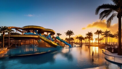 Fototapeta premium a water park with a water slide and a clock tower in the background.