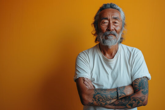 Confident older man with tattoos against vibrant orange background