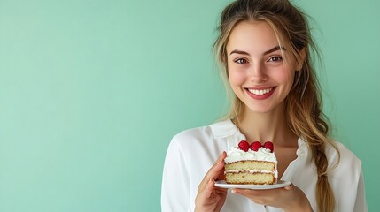 Young happy fun woman wear white clothes holding in hand pice of cake dessert lick fingers isolated on plain pastel light green background Proper nutrition healthy fast food unhealthy  : Generative AI