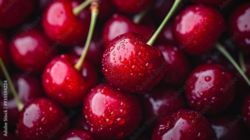 Poster red cherries are small juicy fruits with a vibrant red hue bursting with sweet flavor theyre a summe