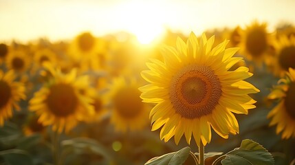 Fototapeta premium A field of sunflowers at sunrise : Generative AI