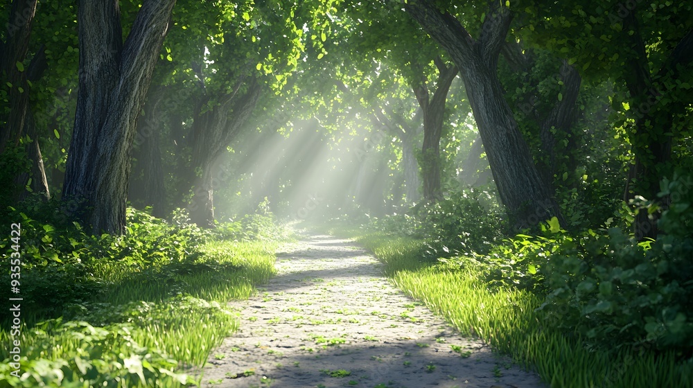 Poster 52. 3d representation of a tranquil forest path with sunlight filtering through the canopy, set agai