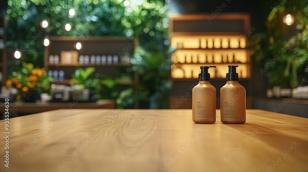 Poster blank wooden table for product display with blurred spa salon waiting area as background : generativ
