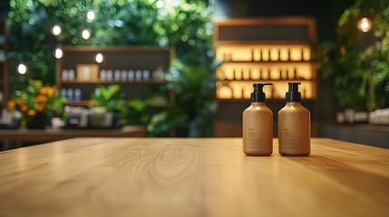 Blank wooden table for product display with blurred spa salon waiting area as background : Generative AI