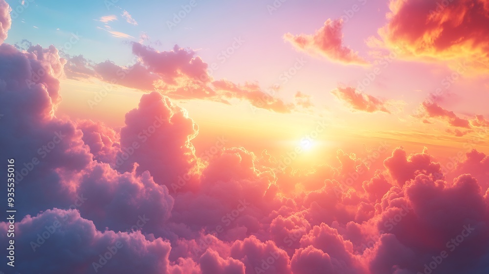 Poster real majestic sunrise sundown sky background with gentle colorful clouds without birds panoramic big