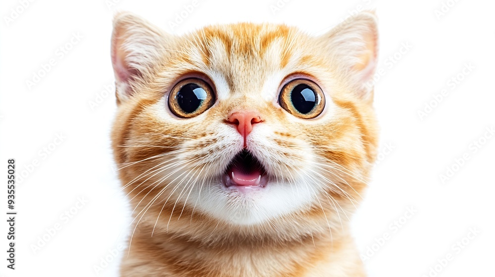Poster portrait of a surprised cat scottish straight closeup isolated on white background : generative ai