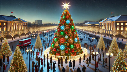 Fototapeta premium A realistic Christmas illumination with a giant Christmas tree in a town square The tree is decorated with colorful lights ornaments and a shining star