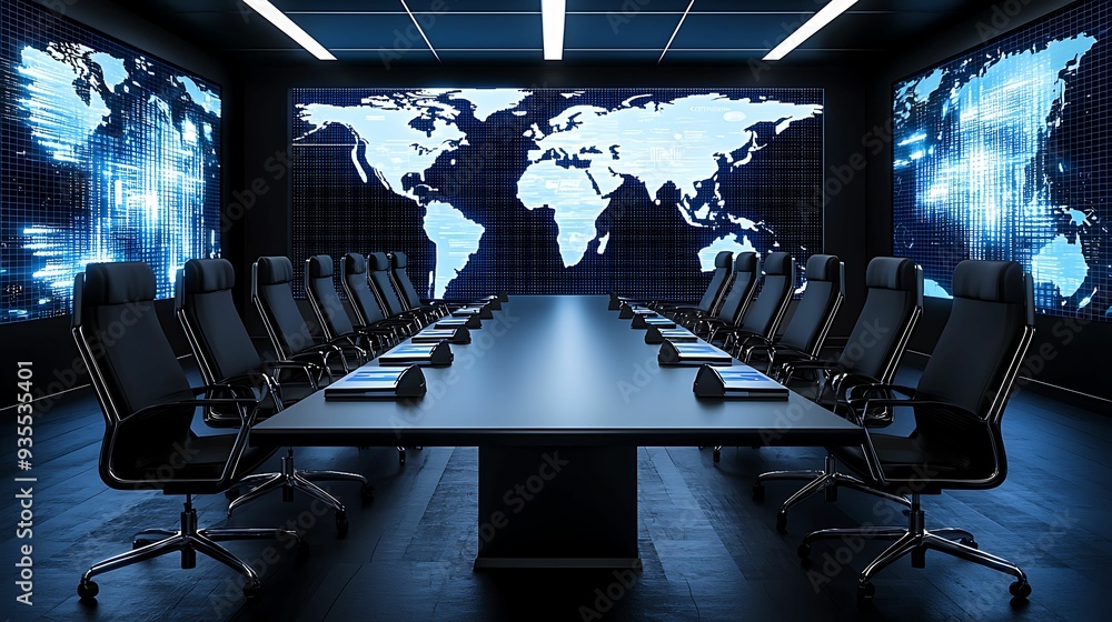 Poster futuristic conference room with glowing digital screens displaying data and world maps, sleek and mo