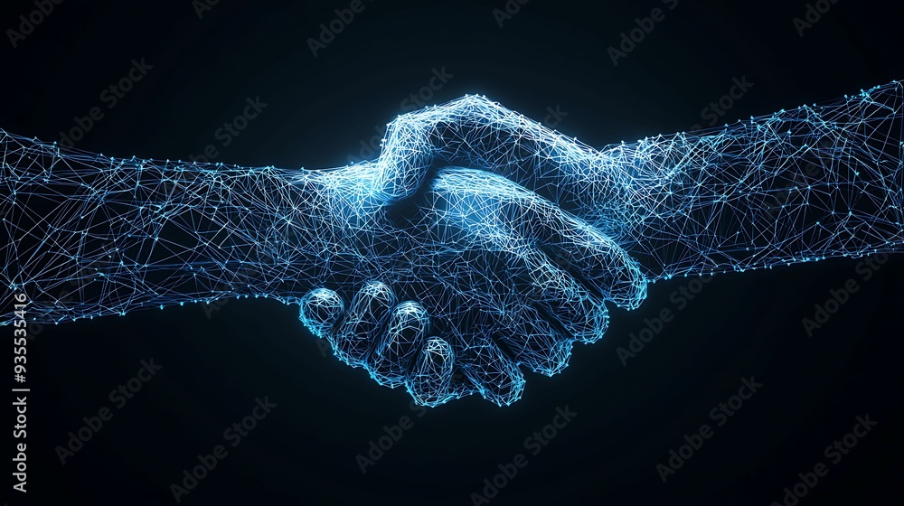 Aufkleber digital handshake composed of binary code, glowing blue against a dark background, signifying trust 