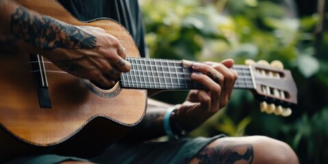 Close-up of tattooed hands playing guitar.