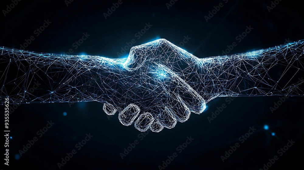 Poster binary code handshake, two hands connecting in a digital world, glowing blue lights on a dark backgr