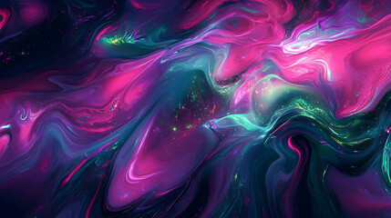 Fluid abstract visuals, a mesmerizing dance of neon pinks, electric blues, and glowing greens, resembling cosmic auroras, ultra-high definition digital art, colorful background