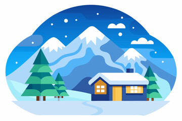 Snowy Mountain Cabin with Evergreen Trees