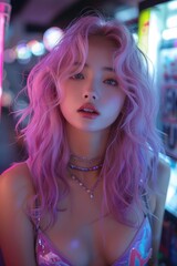Fototapeta premium Japanese model in a violet wig and colorful school uniform, posed in a karaoke bar with friends, enjoying singing and having fun, full-length photo with an energetic and bright atmosphere