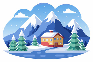 Naklejka premium Winter Cabin nestled in snowy mountain valley