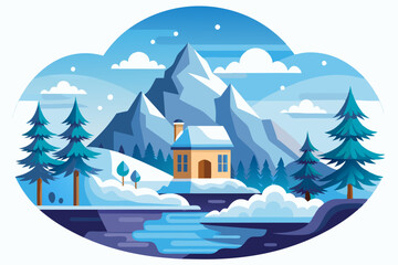 Winter Cabin nestled in snowy mountain landscape with a frozen lake