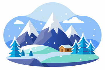 Snowy Mountain Landscape with Cabin and Pine Trees