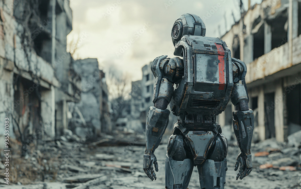 Poster humanoid robot walking through a ruined city. rear view of damaged robot in post-apocalyptic environ
