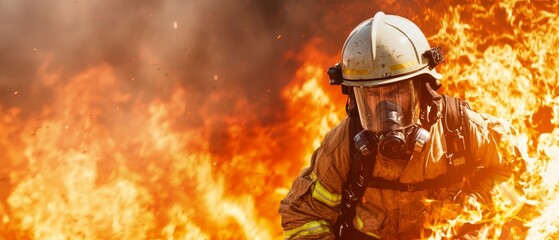 A firefighter emerging from the flames, carrying someone to safety.