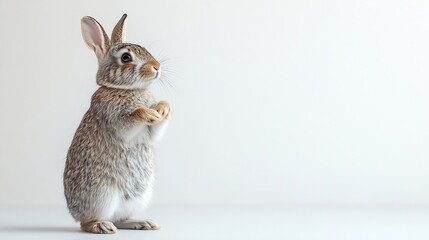Cute gray brown wild bunny stands on its hind legs against white background : Generative AI