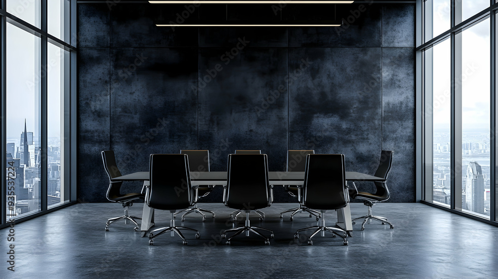 Poster front view of empty modern conference room with office table and chairs with dark cement wall in gla