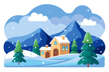Fototapeta premium A Snow-Covered Cabin nestled amidst Mountains and Fir Trees