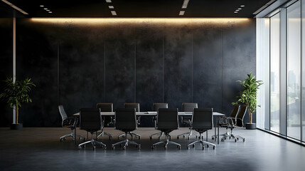 A frontal perspective of a vacant modern conference room showcasing an office table and chairs against a dark cement wall in a glass-walled environment.