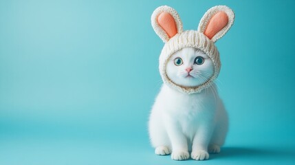 Funny white cat in hat with bunny ears on blue background : Generative AI