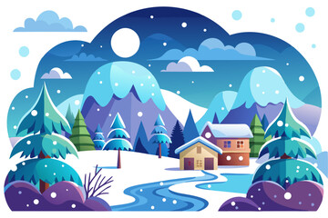 Naklejka premium A Snowy Cabin Nestled in a Mountain Valley with a Winding River