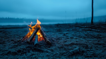 A glowing campfire on a deserted island, providing light and warmth in the dark.