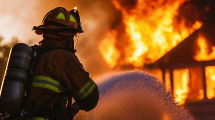 Obraz premium A house fire being extinguished, with firefighters using water and foam to put out the flames.