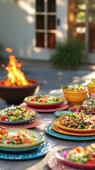 Fototapeta premium Colorful salad bowls on a wooden table outdoors.