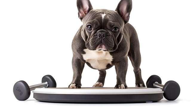 french bulldog  dog with guilty conscience  for overweight and to loose weight  standing on a scale isolated on white background with dumbbells : Generative AI