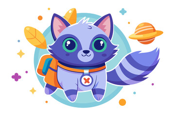 Fototapeta premium Cute Purple Raccoon with Backpack and Planet in Space