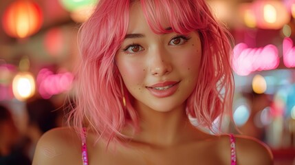 Full-length portrait of a young Japanese model in a pink wig and vibrant school uniform, having a great time at a bachelorette party in a nightclub with friends